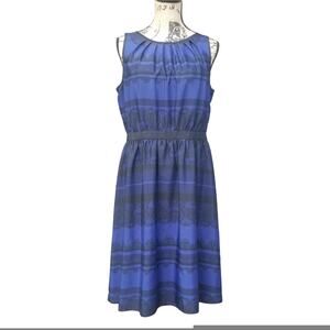 Blue Black Dress LOFT Size 10 Ann Taylor Damask Stripe Sleeveless Lace Print